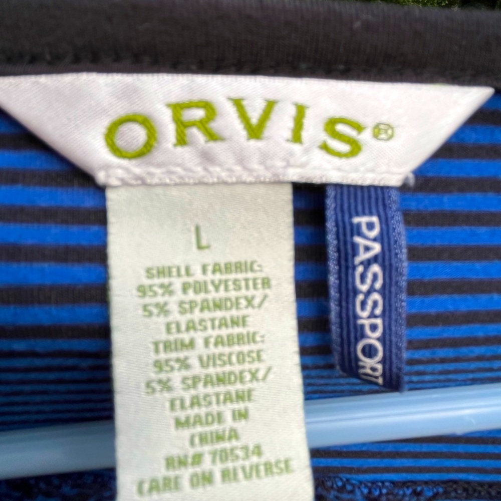 ORVIS Ladies Blue & Black stripe long sleeved snap Henley size Large outdoorsy